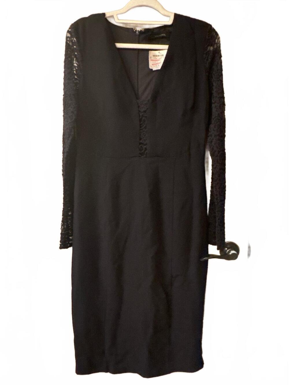 Patrizia Original Elegant Black Midi Dress with Lace Sleeves and Deep V-Neckline